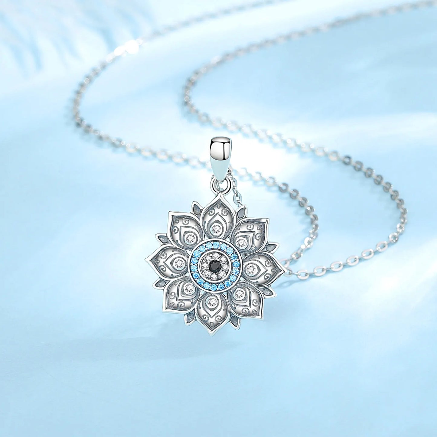 Lotus & Protective Eye 925 Sterling Silver Necklace