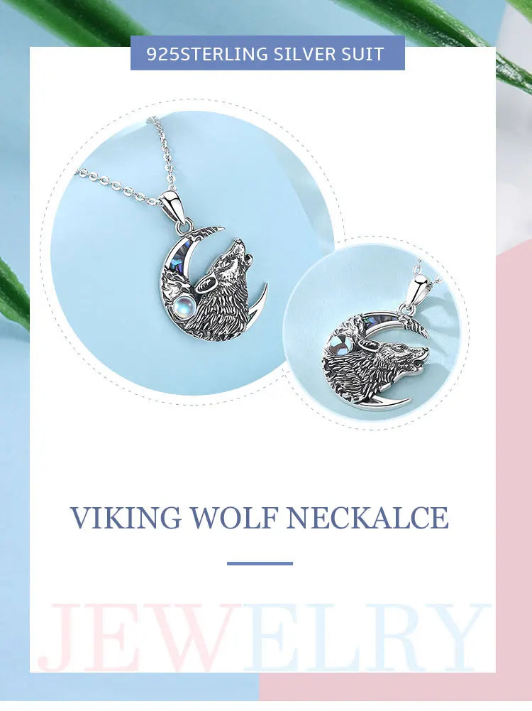 Eudora 925 Sterling Silver Wolf on the Moon Necklace