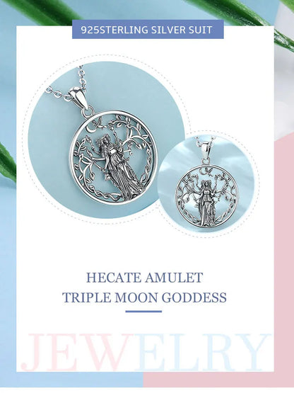 925 Sterling Silver Triple Moon Goddess Necklace Hecate Amulet Pendant