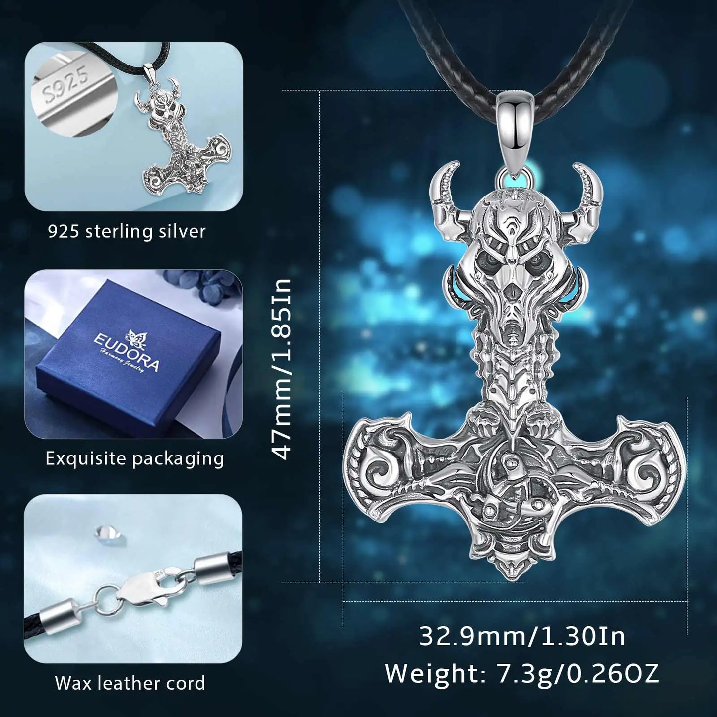 925 Sterling Silver Norse Viking Thor's Hammer skull Rune Necklace