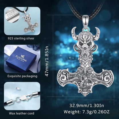 925 Sterling Silver Norse Viking Thor's Hammer skull Rune Necklace