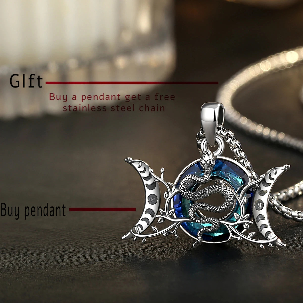 Eudora 925 Sterling Silver Triple Moon Goddess Snake Necklace with Austrian Crystal