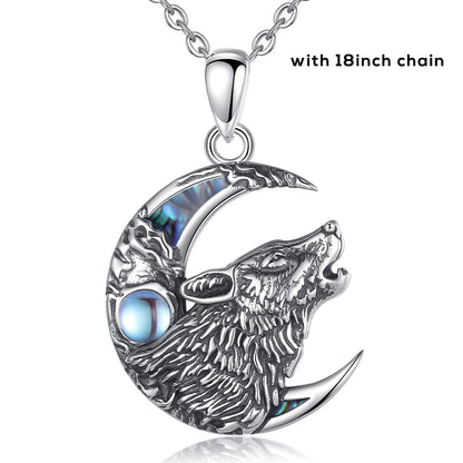 Eudora 925 Sterling Silver Wolf on the Moon Necklace