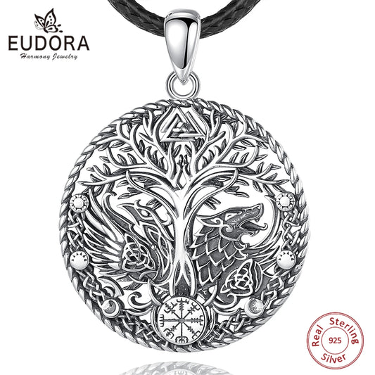 925 Sterling Silver Viking Raven Wolf Necklace