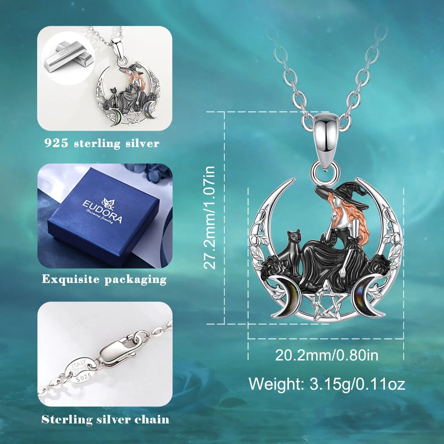 Eudora 925 Sterling Silver Crescent Moon Witch Black Cat Necklace
