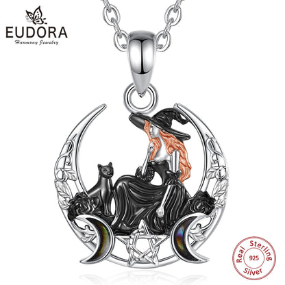 Eudora 925 Sterling Silver Crescent Moon Witch Black Cat Necklace