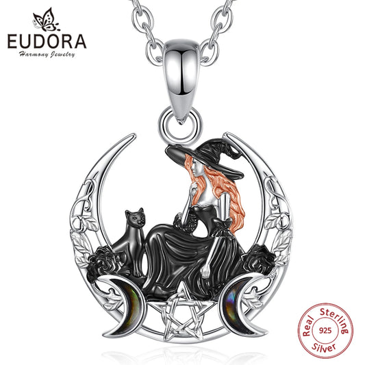 Eudora 925 Sterling Silver Crescent Moon Witch Black Cat Necklace